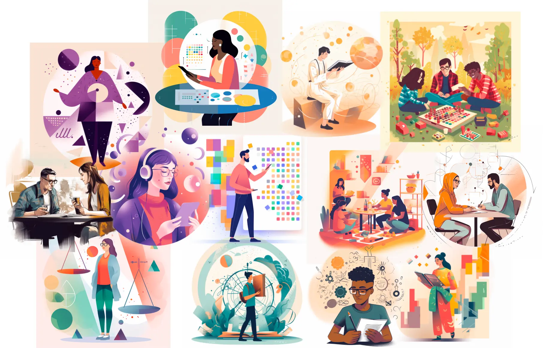 Collage of illustrations of various individuals